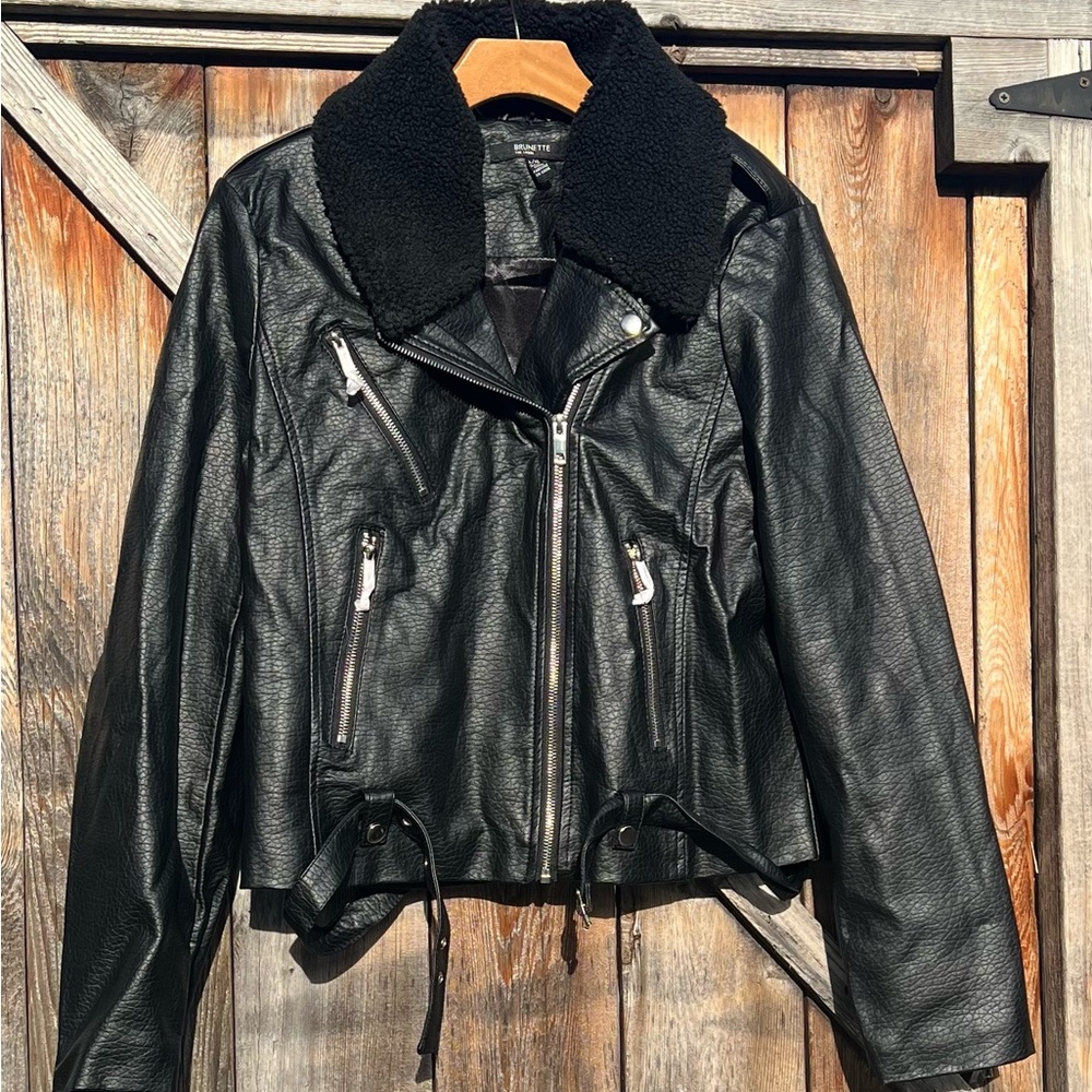Brunette The Label Black Leather Jacket with Faux Fur Collar